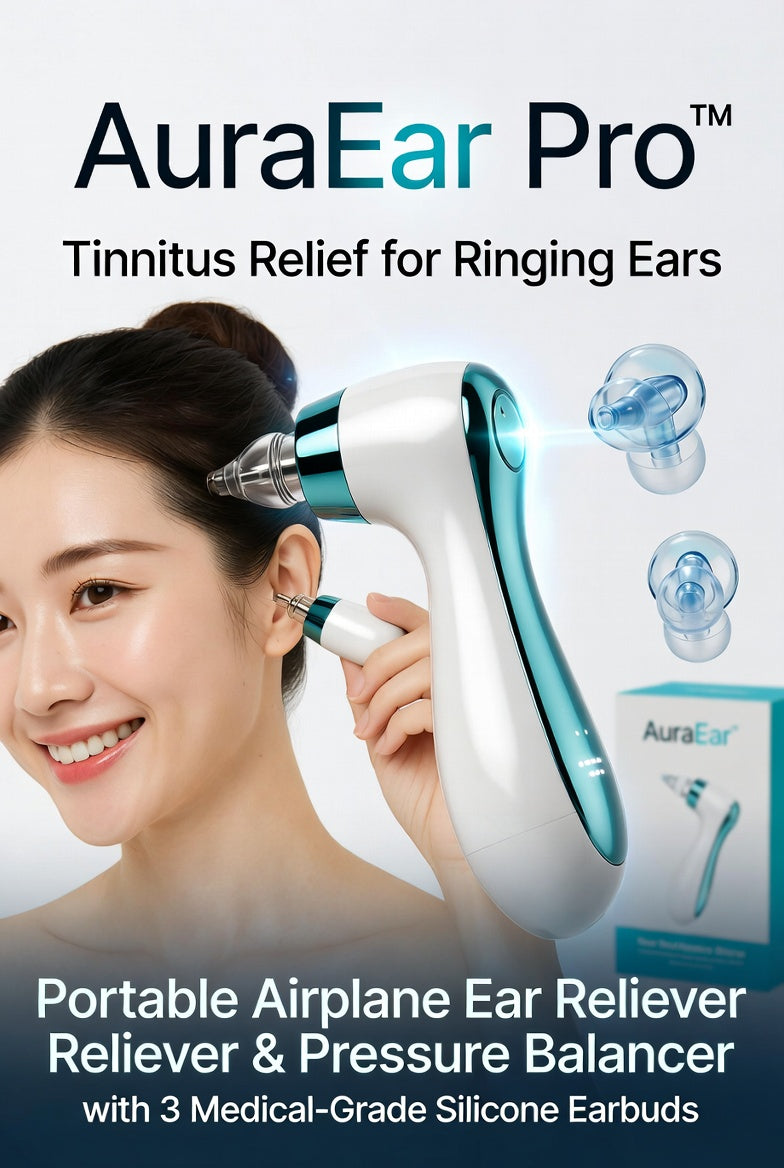 AuraEar Pro™ Ear Pressure Relief Suction Device - Tinnitus Relief for Ringing Ears, Portable Airplane Ear Reliever & Pressure Balancer with 3 Medical-Grade Silicone Earbuds