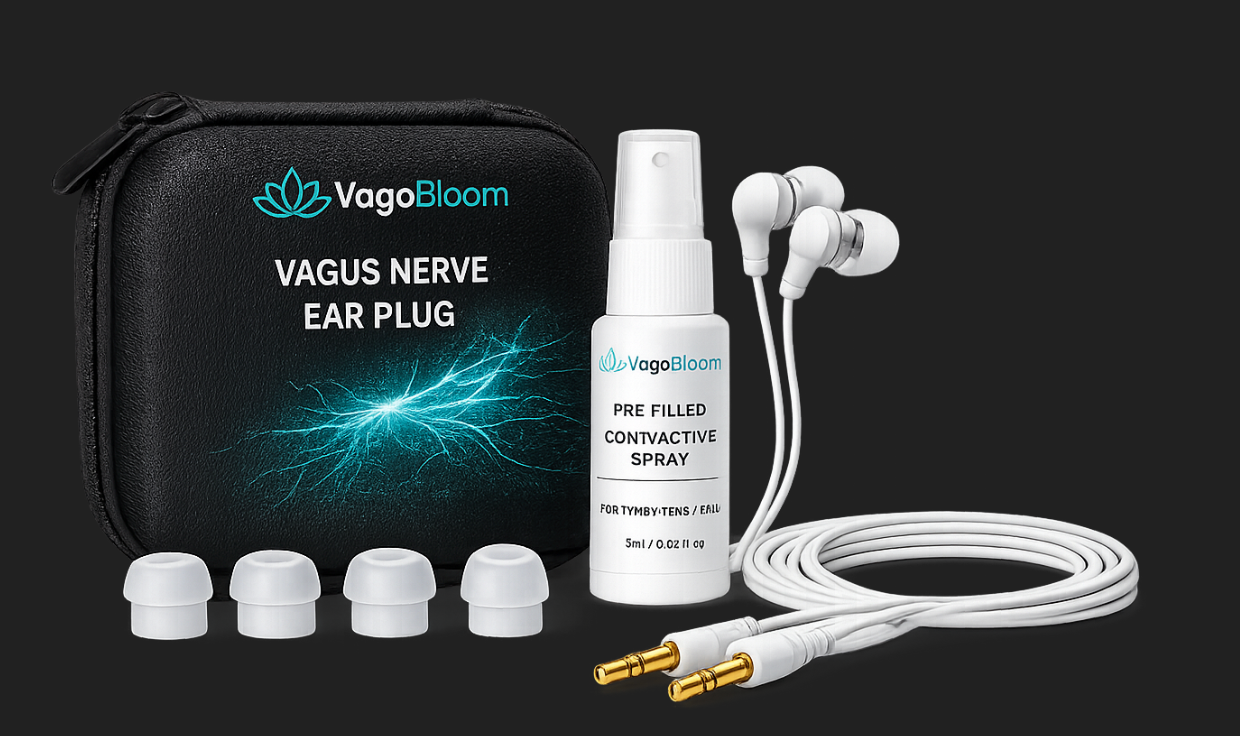 VagoBloom Premium Vagus Nerve Ear Plug | Ultra-Comfort tVNS Electrode for TENS/EMS – 1m Cable, Pre-Filled Conductive Spray & 4 Custom Tips