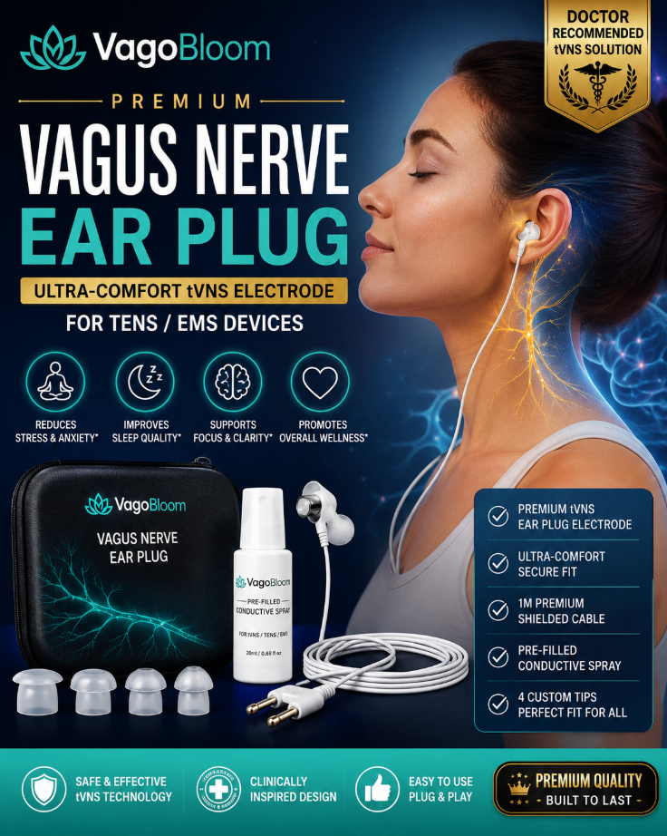 VagoBloom Premium Vagus Nerve Ear Plug | Ultra-Comfort tVNS Electrode for TENS/EMS – 1m Cable, Pre-Filled Conductive Spray & 4 Custom Tips
