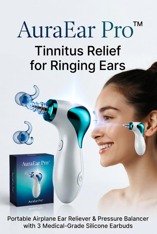 AuraEar Pro™ Ear Pressure Relief Suction Device - Tinnitus Relief for Ringing Ears, Portable Airplane Ear Reliever & Pressure Balancer with 3 Medical-Grade Silicone Earbuds